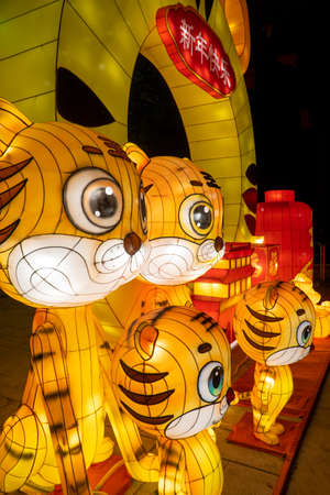 Chinese lantern festival lanterns in the park, the Chinese characters above mean happy new year.の写真素材