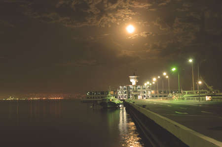Yacht club at night in Baku, Azerbaijanの写真素材