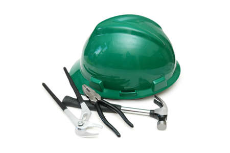 Various DYI tools and helmet isolated on whiteの写真素材