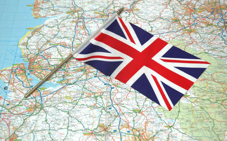 Flag of United Kingdom over the mapの写真素材