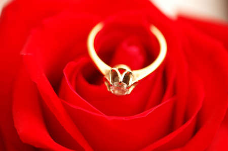 Gold ring with diamond  on red roseの写真素材