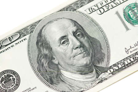 Close up of hundred dollar bill isolated