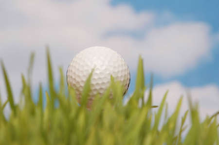 Golf ball and green grass against the blue skyの写真素材
