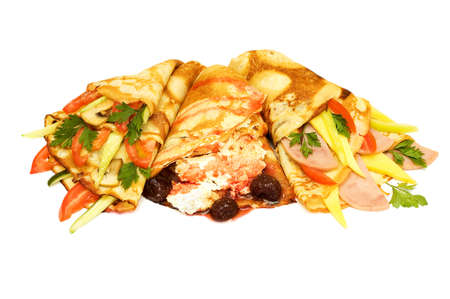 Pancakes with various ingridients isolated on whiteの写真素材