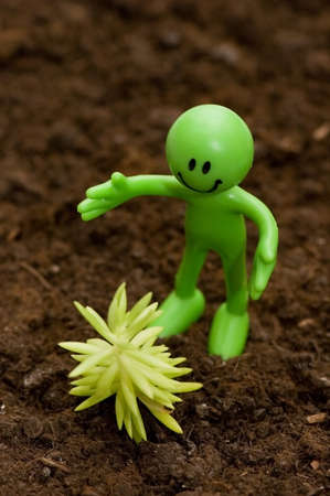 Gardening concept - Smilie looking  after green seedlingsの写真素材