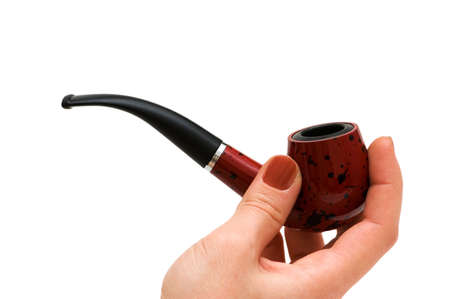 Hand with smoking pipe isolated on whiteの写真素材