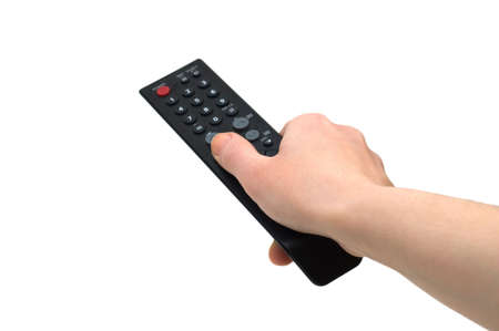 Hand with remote control isolated on white