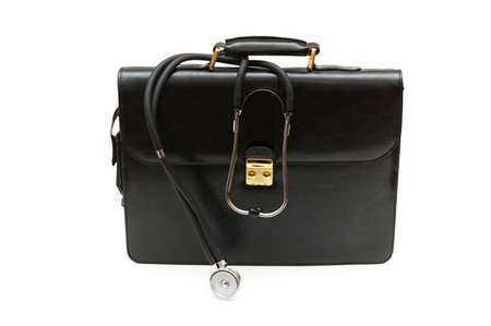 Doctors' case with stethoscope isolated on whiteの写真素材