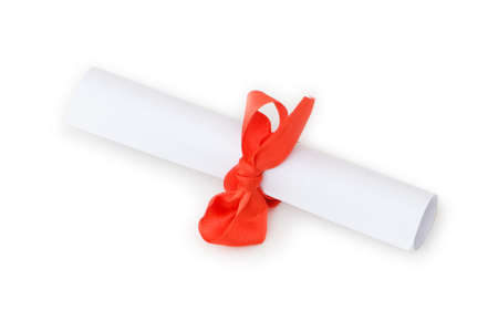 Diploma with red ribbon isolated on white