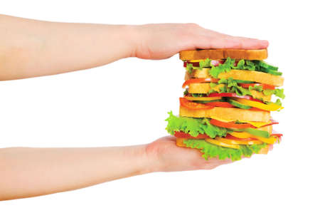 Two hands holding sandwich isolated on whiteの写真素材