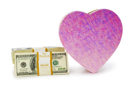 Heart shaped gift box and dollars の写真素材