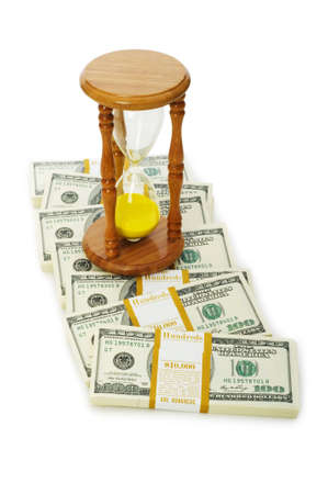 Time is money concept with dollars and hourglass