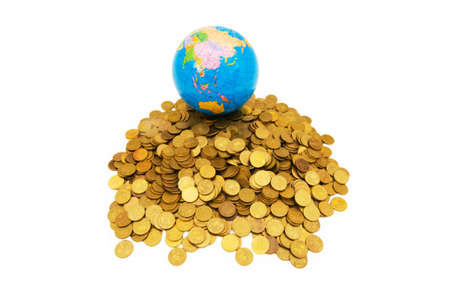 Globe and coins isolated on the white backgroundの写真素材