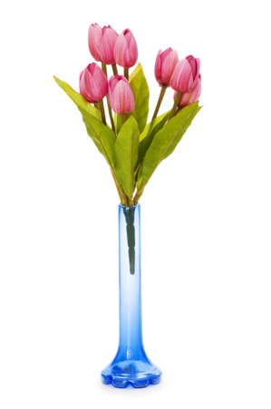 Pot with tulips isolated on whiteの写真素材