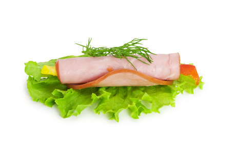 Snack made of ham and lettuce on whiteの写真素材