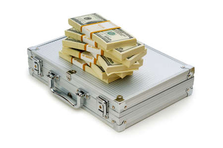 Metal case and lots of dollars on whiteの写真素材