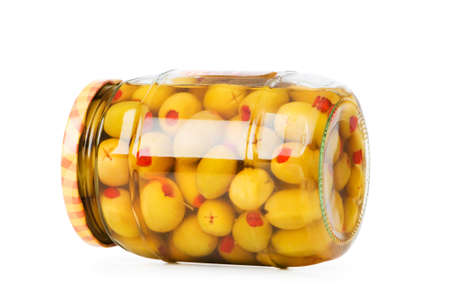 Pickled olives in glass jarの写真素材