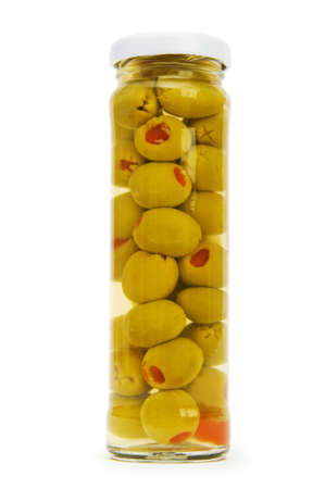 Pickled olives in glass jarの写真素材