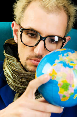 Man with blue jacket in studio shootingの写真素材