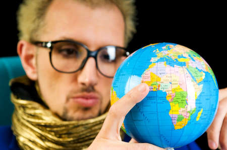 Man with blue jacket in studio shootingの写真素材