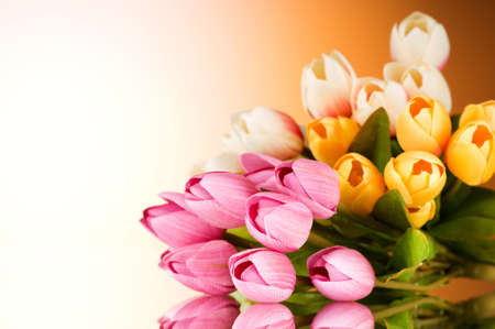 Bouquet of colorful tulips on the tableの写真素材
