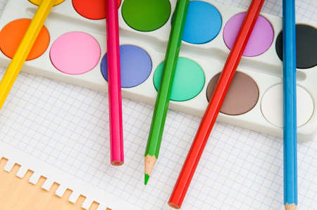 Art concept with painters palette and paint brushの写真素材