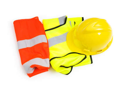 Orange vest and hardhat isolated on the whiteの写真素材