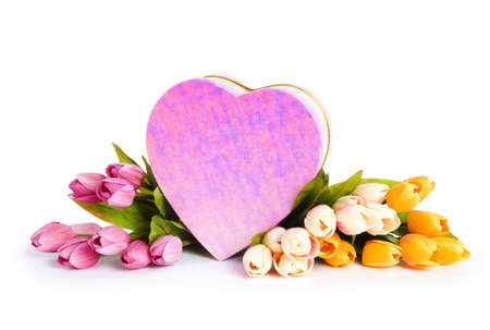 Celebration concept - gift box and tulip flowersの写真素材