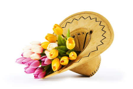 Tulips and cowboy hat isolated on whiteの写真素材