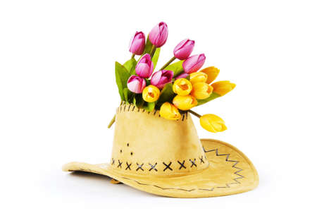 Tulips and cowboy hat isolated on whiteの写真素材