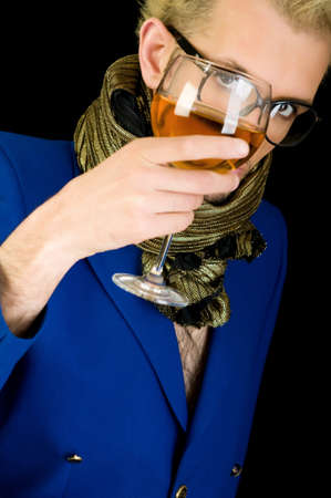 Man with blue jacket in studio shootingの写真素材