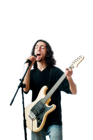 Guitar player isolated on the white backgroundの写真素材