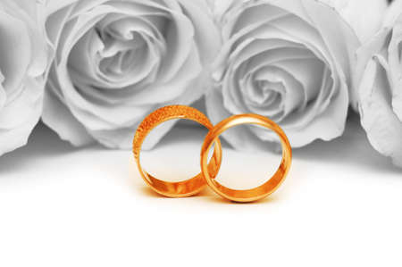Wedding concept with roses and ringsの写真素材