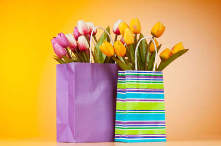 Tulips in the bag against gradient backgroundの写真素材