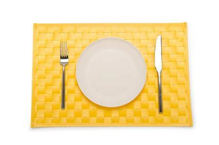 Plate and utensils served on tableの写真素材
