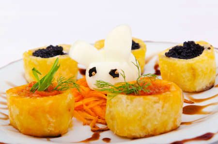 Black caviar served on breadの写真素材