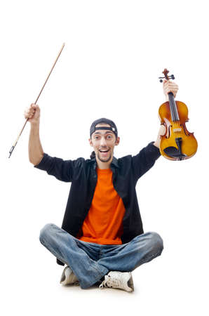 Violin player isolated on whiteの写真素材