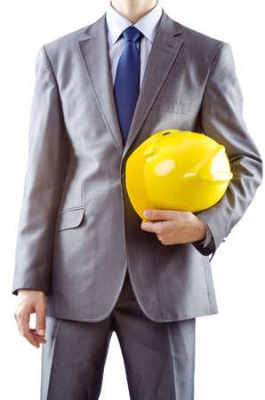 Man with hard hat on whiteの写真素材