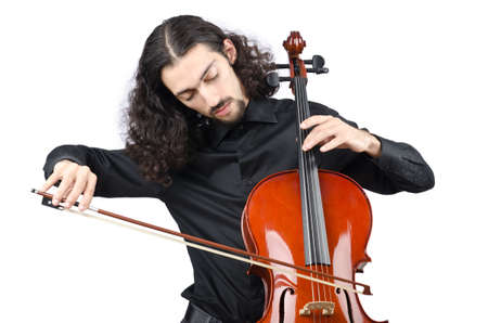Man playing cello on whiteの写真素材