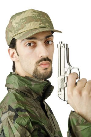 Soldier with gun isolated on whiteの写真素材