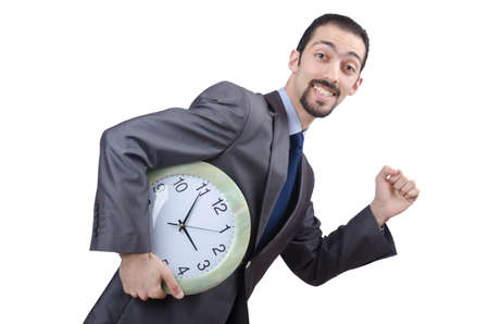 Man with clock isolated on whiteの写真素材