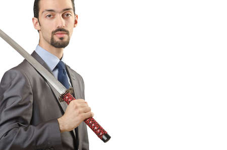 Businessman with sword on white