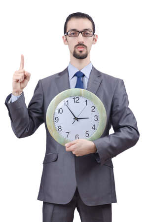 Man with clock isolated on whiteの写真素材