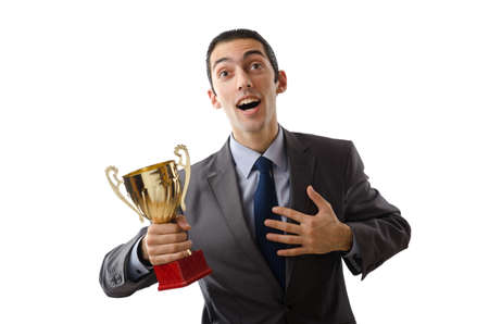 Man being awarded with golden cup