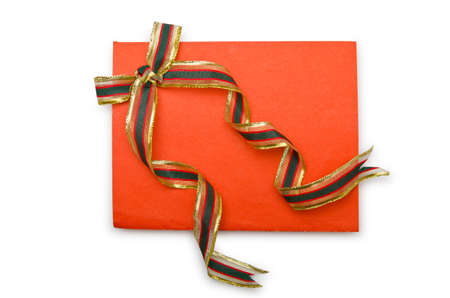 Envelope with colourful ribbon on white