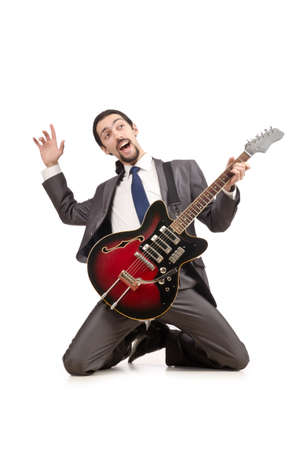 Young guitar player isolated on whiteの写真素材