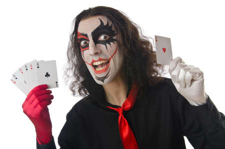 Joker with cards isolated on white