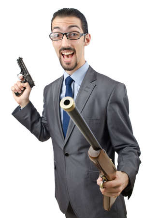 Businessman with gun isolated on whiteの写真素材
