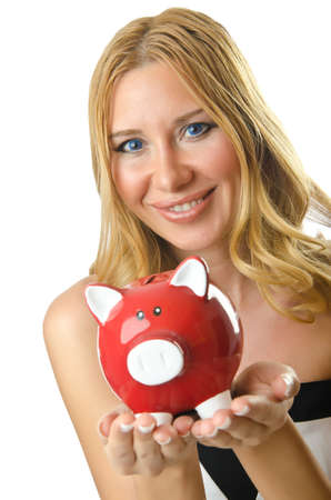 Woman with piggybank on whiteの写真素材