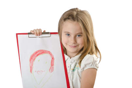 Girl with her drawing on whiteの写真素材